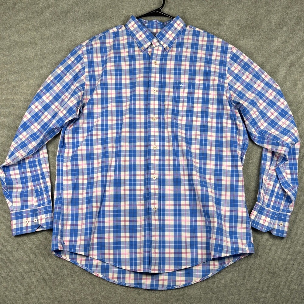 Southern Tide Classic Fit Button Down Plaid Shirt Large Blue White Pink